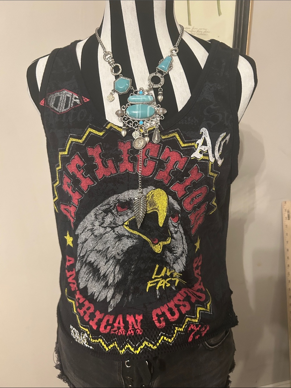 Y2K Affliction Black Tank Top with Eagle Graphic and Red & Yellow Accents